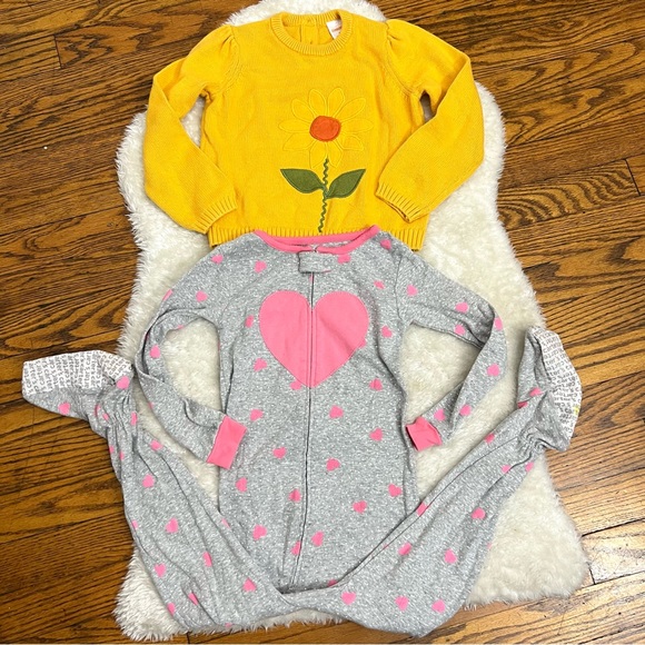 Gymboree Other - Gymboree Carter’s Little Girl Bundle Sunflower  Sweater and Footed Pijama Sz 4T